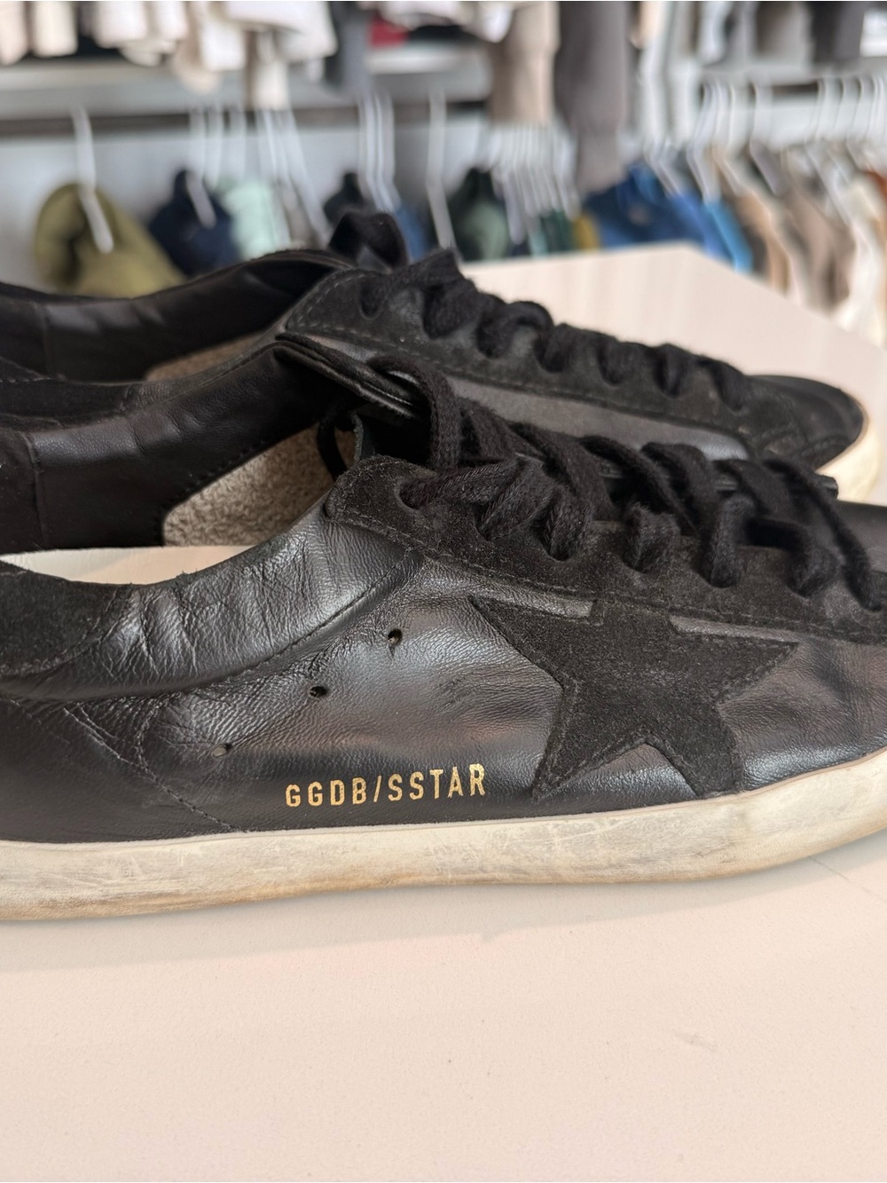 Men’s Golden Goose Black Leather Superstar Sneakers with Gold Logo. Size 41
